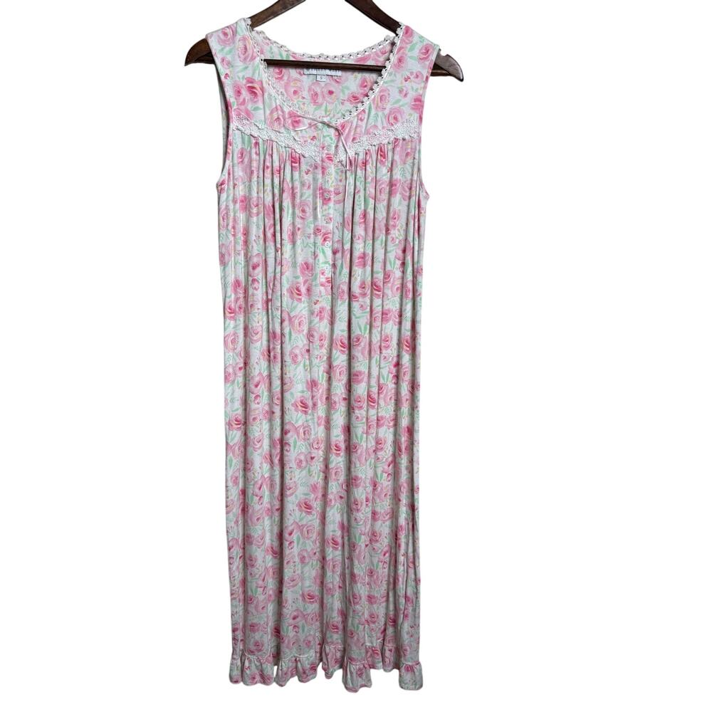Eileen West Pink Rose Floral Lace Trim Cottagecore Maxi Nightgown S